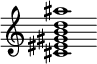 {
  % Rivin lopun pystyviiva ja tahtiosoitus piiloon.
  \override Score.BarLine.break-visibility = ##(#f #t #t)
  \override Staff.TimeSignature #'stencil = ##f
  
  <cis' eis' gis' b' d'' ais''>1
}
