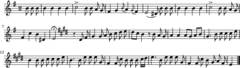 
\relative c'' {
  \override Rest #'style = #'classical
  \key e \minor
  \override Staff.TimeSignature #'style = #'single-digit
  \time 2/2
  \partial 4.
  \autoBeamOff
  b8 b b
  b4 b b b
  c2-> b8 b a g
  fis4 g \appoggiatura b8 a4 \appoggiatura g8 fis4
  e2( dis8) b' b b
  b4 b b b
  c2-> b8 b a g

  fis4 c' b dis,
  e2\fermata \key e \major r4 dis8 fis
  gis4 gis8 a b cis dis e
  dis[ cis] b4 r8 b a gis
  a4 a a8[ gis] a[ b]
  gis4. b8 cis cis cis e

  b4 b8 b cis cis cis e
  b4. b8 e e e gis,
  fis4 fis8 cis' b b b cis16[ dis]
  e4. b8 e e e gis,
  fis4 fis8 cis' b gis a fis
  e4
  \bar "|."
}
