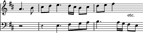 { << \new Staff \relative a' { \override Score.BarNumber #'break-visibility = #'#(#f #f #f) \override Score.Rest #'style = #'classical \override Score.TimeSignature #'stencil = ##f \time 4/4 \partial 2 \key d \major
 a4. b8 | cis d e4. d16 cis b8 cis | d e fis4 s4_"etc." }
\new Staff \relative e { \clef bass \key d \major
 r2 | r4 e4. fis8 g a | b4. a16 g fis8[ e] } >> }