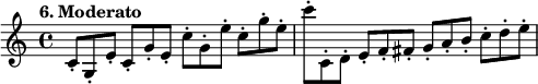 
%etude6
\relative c'
{ 
\set Staff.midiInstrument = #"violin"
\time 4/4 
\tempo "6. Moderato"
\key c \major
c8*2/3-. g-. e'-. c-. g'-. e-. c'-. g-. e'-. c-. g'-. e-. | c'-. c,,-. d-. e-. f-. fis-. g-. a -. b-. c -. d-. e-.
}

