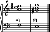 
\new PianoStaff <<
  \new Staff = "right"
  \relative c'' {
    \override Staff.TimeSignature #'stencil = ##f
    <a c dis>1
    <gis b e>
  }
  \new Staff = "left"
  \figuremode {
    <6\+>1
    <3+>
    \bar "|."
  }
  \context Staff = "left"
  \relative c {
    \clef bass
    \override Staff.TimeSignature #'stencil = ##f
    f1 e
  }
>>
