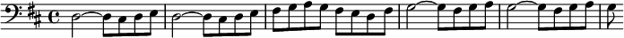 
{
 \time 4/4 
\set Score.tempoHideNote = ##t
\tempo 4 = 160
\clef "bass"
\key d \major 
d2~ d8 cis d e | d2~ d8 cis d e | fis g a g fis e d fis | g2~ g8 fis g a  | g2~ g8 fis g a | g
}
