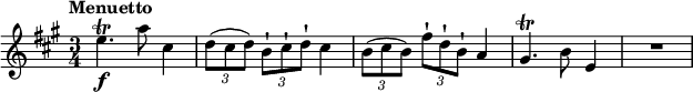 \relative c'' {    \version "2.18.2"    \key a \major     \tempo "Menuetto"    \time 3/4    e4.\f\trill a8 cis,4    \tuplet 3/2 {d8 (cis d)} \tuplet 3/2 {b-! cis-! d-!}cis4      \tuplet 3/2 {b8 (cis b)} \tuplet 3/2 {fis'-! [d-! b-!] } a4      gis4.\trill b8 e,4      R2. }