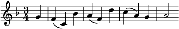 { \key f \major \time 3/4 \partial 4  g' f'( c') bes' a'( f') d'' c''( a') g' a'2 }