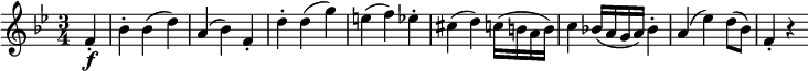 {\ relativní f '{\ klíč bes \ major \ čas 3/4 \ částečný 4 f4-.  \ f |  bes4-.  bes (d) |  a4 (bes) f-.  |  d'4-.  d (g) |  e4 (f) es-.  cis4 (d) c16 (bab) |  c4 bes! 16 (aga) bes4-.  |  a4 (es ') d8 (bes) |  f4-.  r}}