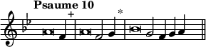 \language "français"
\relative { \key sol \minor \tempo "Psaume 10"   
            \set Score.tempoHideNote = ##t \tempo 4 = 200 \cadenzaOn
            \override Score.TimeSignature.stencil = ##f
            \override Score.SpacingSpanner.common-shortest-duration = #(ly:make-moment 1 2)
\tweak duration-log #-1 \tweak Stem.stencil ##f 
la'2 fa4 s4.^"+"\bar "|"
\tweak duration-log #-1 \tweak Stem.stencil ##f 
la2 fa2 sol4 s4.^"*"\bar "|"
\tweak duration-log #-1 \tweak Stem.stencil ##f 
sib2 sol2 fa4 sol4 la4 s4.\bar "||" 
\cadenzaOff }