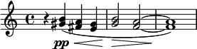 { \time 4/4 \relative c' {
r4 < b' gis >\pp\<( < a fis > < gis e > < b g >2\> < a f > ~ < a f >1)\!  |
}}
