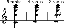 { \override Score.TimeSignature #'stencil = ##f \time 3/4 s4 <c' c'' g'' c''' e'''>4^\markup { \smaller \center-align "5 ranks" } s s <c'' g'' c''' e'''>^\markup { \smaller \center-align "4 ranks" } -\tweak #'X-offset #0 -\tweak #'Y-offset #-2.5 -\prall s s <g'' c''' e'''>^\markup { \smaller \center-align "3 ranks" } -\tweak #'X-offset #0 -\tweak #'Y-offset #-2.5 -\prall -\tweak #'X-offset #0.5 -\tweak #'Y-offset #0.5 -\prallup }