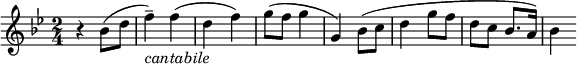 
\ header {title = "Seventeen Come Sunday"} \ relative c '{\ key g \ minor \ time 2/4 \ set Score.tempoHideNote = ## t \ tempo 4 = 120 r4 bes8 (d8 f4 --_ \ markup {\ cursief "cantabile"}) f4 (d4 f4) g8 (f8 g4 g, 4) bes8 (c8 d4 g8 f8 d8 c8 bes8. a16) bes4}
  