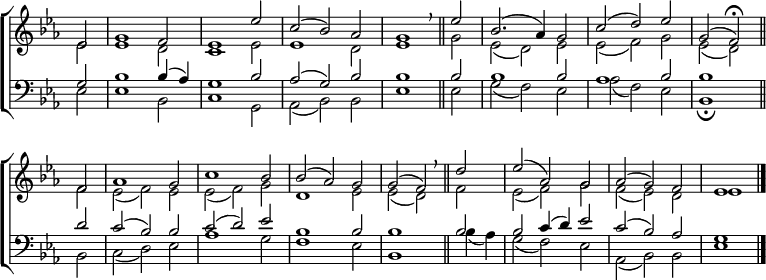 
\new ChoirStaff <<
  \new Staff { \clef treble \time 3/2 \key es \major \partial 2 \set Staff.midiInstrument = "church organ" \omit Staff.TimeSignature \set Score.tempoHideNote = ##t \override Score.BarNumber  #'transparent = ##t
  \relative c'
  << { es2 | g1 f2 | es1 es'2 | c( bes) aes | g1 \breathe \bar"||"
       es'2 | bes2.( aes4) g2 | c( d) es | g,( f) \fermata \bar"||" \break
       f | aes1 g2 | c1 bes2 | 2( aes) g | g( f) \breathe \bar"||"
       d' | es( aes,) g | aes( g) f | es1 \bar"|." } \\
  { es2 | es1 d2 | c1 es2 | 1 d2 | es1 g2 | es( d) es | es( f) g | es( d)
    f | es( f) es | es( f) g | d1 es2 | 2( d) f | es( f) g | f( es) d | es1 } >>
  } 
\new Staff { \clef bass \key es \major \set Staff.midiInstrument = "church organ" \omit Staff.TimeSignature
  \relative c'
  << { g2 | bes1 bes4( aes) | g1 bes2 | aes( g) bes | bes1 2 | 1 2 | aes1 bes2 | 1
       d2 | c( bes) bes | c( d) es | bes1 2 | 1 2 | 2 c4( d) es2 | c( bes) aes | g1 } \\
  { es2 | 1 bes2 | c1 g2 | aes( bes) bes | es1 2 | g( f) es | aes( f) es | bes1 \fermata
    2 | c( d) es | aes1 g2 | f1 es2 | bes1 bes'4( aes) | g2( f) es | aes,( bes) bes | es1 } >>
  } 
>>
\layout { indent = #0 }
\midi { \tempo 2 = 80 }
