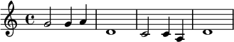 {\ set Staff.midiInstrument = # "celesta" \ key c \ major \ time 4/4 g'2 g'4 a'4 d'1 c'2 c'4 a4 d'1}