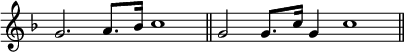 
\language "italiano"
melody = \relative do'' {
  \clef treble
  \key fa \major
  \omit Staff.TimeSignature
  \time 8/4
  sol2. la8. sib16 do1 \bar "||" sol2 sol8. do16 sol4 do1 \bar "||" 
}
\score {
  <<
    \new Voice = "mel"
    { \melody }
  >>
  \layout {
    \context { \Staff \RemoveEmptyStaves }
    indent = 0.0\cm
    \override Score.BarNumber #'stencil = ##f
    line-width = #120
  }
   \midi {  }
}
\header { tagline = ##f}
\paper {
  print-page-number = ##f
}
