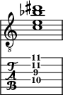  
<<
  %\override Score.BarLine.break-visibility = ##(#f #t #t)
  \time 1/1
    \new Staff  {
    \clef "treble_8"
        \once \override Staff.TimeSignature #'stencil = ##f
        <  c' e' bes' dis''>1
    }

     \new TabStaff {
       \override Stem #'transparent = ##t
       \override Beam #'transparent = ##t 
      <  c'\4 e'\3 ais'\2 dis''\1>1
  }
>>
