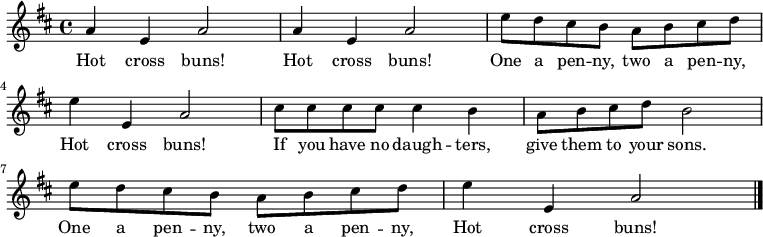 \relative c'' { \time 4/4 \key d \major a4 e a2   a4 e a2   e'8 d cis b a b cis d   e4 e, a2cis8 cis cis cis cis4 b4   a8 b cis d b2   e8 d cis b a b cis d   e4 e, a2 \bar "|."}\addlyrics { Hot cross buns! Hot cross buns! One a pen -- ny, two a pen -- ny, Hot cross buns! If you have no daugh -- ters, give them to your sons. One a pen -- ny, two a pen -- ny, Hot cross buns! }