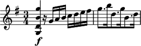 
\version "2.18.2"
\header {
  tagline = ##f
  % composer = ""
  % opus = ""
  % meter = "Allegro"
}

\score {
<<
  \relative c'' {
    \key g \major
    \time 3/4
    \override TupletBracket #'bracket-visibility = ##f 
    %\autoBeamOff

     %%%%%% K41
     < g' b, d, g, >4\f r16 g,16[ a b] c16[ d e fis] g8.[ b16 d,8. g16 b,8. d16]

  }
>>
  \layout {
     #(layout-set-staff-size 17)
     \context { \Score \remove "Metronome_mark_engraver" 
     \override SpacingSpanner.common-shortest-duration = #(ly:make-moment 1/2)
     }
  }
  \midi { \set Staff.midiInstrument = #"violin" }
}
