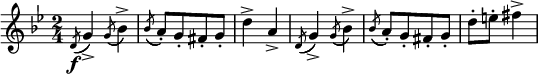 \relative c'' {
\time 2/4
\key g \minor
\acciaccatura d,8(\f g4->) \acciaccatura g8( bes4->) | \acciaccatura bes8( a8-.[) g-. fis-. g-.] | d'4-> a-> | 
\acciaccatura d,8( g4->) \acciaccatura g8( bes4->) | \acciaccatura bes8( a8-.[) g-. fis-. g-.] | d'-. e-. fis4-> |
}