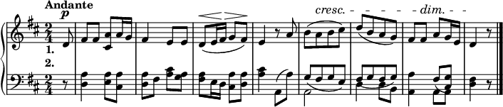 
    \header {
        tagline = "" % no footer
    }
    \score {
        \language "english"
        { { \new PianoStaff <<
            { \new Staff <<
                \time 2/4
                \tempo "Andante"
                \set Score.tempoHideNote = ##t \tempo 4 = 76
                \key d \major
                
                \relative d' {
                    \partial 8 d8^\p |
                    fs fs <cs a'> a'16 g |
                    fs4 e8 e |
                    d(^\< e16 fs ^\> g8 fs \!) |
                    e4 r8 a |
                    b[( a ^\cresc b cs)] |
                    d[( b a g)] |
                    fs fs ^\dim a g16 e |
                    \partial 4. d4 \! r8 \bar "|."
                }
                \addlyrics {
                    \set stanza = #"1. "
                    
                    
                }
                \addlyrics {
                    \set stanza = #"2. "
                    
                    
                }
            >> }
            { \new Staff <<
                { \new Voice <<
                    \time 2/4
                    \tempo "Andante"
                    \clef "bass"
                    \key d \major
                    
                    \relative d {
                        \partial 8 r8 |
                        <d a'>4 <e a>8 <cs a'> |
                        <d a'> fs <a cs> <g a> |
                        <fs a> e16 d <cs a'>8 <d a'> |
                        <a' cs>4 a,8(a') |
                        \stemUp
                        g[( fs g e)] |
                        fs[( g fs g)] |
                        s4 fs8( <cs g'>) |
                        \partial 4. s4 r8 |
                    }
                >> }
                { \new Voice <<
                    \time 2/4
                    \tempo "Andante"
                    \clef "bass"
                    \key d \major
                    
                    \relative d {
                        \stemDown
                        \partial 8 s8 |
                        s2 |
                        s |
                        s |
                        s |
                        a |
                        d4 d8 b |
                        <a a'>4 a8 a8 |
                        \partial 4. <d fs>4 r8 |
                    }
                >> }
            >> }
        >> } }
          \layout { \context {
          } }
        \midi { }
    }
