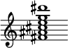 {
  % Rivin lopun pystyviiva ja tahtiosoitus piiloon.
  \override Score.BarLine.break-visibility = ##(#f #t #t)
  \override Staff.TimeSignature #'stencil = ##f
  
  <fis' ais' cis'' e'' g'' dis'''>1
}
