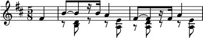 
\language "italiano"
\score {
 \new Staff <<
 \new Voice = "first"
    \relative { \voiceOne 
      \clef treble
      \time 5/8
      \key re \major
      \partial 4 fad'4 | si8[~ si r16 si] la4 | fad8[~ fad r16 fad] la4 |
    }
 \new Voice = "second"
    \relative { \voiceTwo
      \partial 4 s4 | r8 <re' si>8 r r <mi la,>8 | r8 <re la> r r <mi la,> |
    }
 >>
 \layout {
    \context { \Staff \RemoveEmptyStaves }
    indent = 0\cm
    line-width = #120
    \override Score.BarNumber #'stencil = ##f
  }
  \midi { }
}
\header { tagline = ##f}
