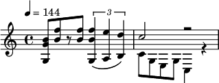 \relative c'' { #(set-global-staff-size 6) \tempo 4 = 144 <b g g,>8[ <f' b,> r <f b,>] \tuplet 3/2 { <f b, g,>4\( <e a,,> <d b,>\) } << { c2 r } \\ { c,8 g e g c,4 r } >> }