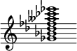 {
  % Rivin lopun pystyviiva ja tahtiosoitus piiloon.
  \override Score.BarLine.break-visibility = ##(#f #t #t)
  \override Staff.TimeSignature #'stencil = ##f
  
  <ges' bes' des'' fes'' aeses'' ces''' ees'''>1
}
