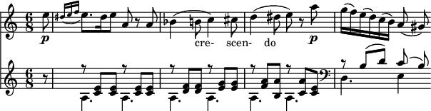 
<<
\relative a''
\new Staff {
\set Staff.midiInstrument = #"piano"
\key a \minor
\time 6/8
\set Score.tempoHideNote = ##t
\tempo 8 = 120
\partial 8
e8\p
\grace { dis16 [ (e16 f 16] }
e8.) dis16 e8 a, r a bes4 (b8_"cre- scen- do"
c4) cis8
d4 (dis8 e8) r8
a\p g16 (f) e (d) c (b) a8 (gis8)}
\new Staff {
\set Staff.midiInstrument = #"fortepiano"
\set Staff.midiMaximumVolume = #0.3
r8
 <<
 {
 \voiceOne
r8 <c' e'>8 <c' e'>8 r8 <c' e'>8 <c' e'>8 r8 <d' f'>8 <d' f'>8 r8 <e' g'>8 <e' g'>8 r8 <f' a'>8 <b a'>8 r8 <c' a'>8<c' e'>8 r b (d') c' (b)
 }
 \new Voice {
 \voiceTwo
a4. a a a
a a

\clef "bass"
d e4 
 }
 >>
 \oneVoice
}
>>
