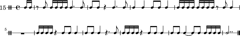 \new DrumStaff \with {
  instrumentName = \markup \huge {"15"}
} \drummode {
  \override Staff.StaffSymbol #'line-count = #1
  \override Score.MetronomeMark #'stencil = ##f
  \tempo 4 = 60
  \time 4/4
  \stemUp
  \partial 8 ssh16 ssh | r8 ssh ssh16 ssh ssh ssh ssh4. ssh8 | ssh8 ssh r4 ssh4. ssh8 |
  ssh4 ssh ssh8 ssh ssh4 | \repeat unfold 8 {ssh16} r8 ssh ssh4 | R1 |
  ssh16 ssh ssh ssh r4 ssh8 ssh ssh4 | ssh8 ssh ssh4 r4. ssh8 | ssh16 ssh ssh ssh r4 ssh8 ssh ssh4 |
  ssh8 ssh ssh4~ ssh8 ssh ssh16 ssh ssh ssh | ssh2..
  \bar "|."
}