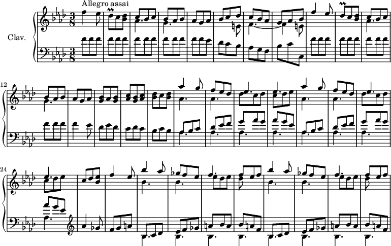 
\version "2.18.2"
\header {
  tagline = ##f
}

%% les petites notes
trillDesq = { \tag #'print { des8\prall } \tag #'midi { ees32 des ees des } }

upper = \relative c'' {
  \clef treble 
  \key f \minor
  \time 3/8
  \tempo 4. = 112
  \set Staff.midiInstrument = #"harpsichord"
  \override TupletBracket.bracket-visibility = ##f

     s8*0^\markup{Allegro assai}
     f4 ees8 | \trillDesq c < bes des > | << { c8 bes c | bes aes bes | aes g aes | bes c des | c bes aes | g aes bes | f'4 ees8 | \trillDesq c < bes des > | } \\ { aes4. | g | s4. | s4 e8 | f4.~ f4 e8 } >> |
     % ms. 11
     << { c'8 bes c | bes aes bes | aes g aes } \\ { aes4. | g } >> | < g bes >8 aes < g bes > | < aes c > < g bes > < aes c > |
     % ms. 16
     < bes des >8 c < bes des > | << { \repeat unfold 2 { aes'4 g8 | f ees des | ees4. | ees } | c8 des < bes ees > | f'4 ees8 } \\ { \repeat unfold 2 { aes,4. | aes | des8 c des | c des ees } | } >>
     % m. 27
     \repeat unfold 2 { << { bes'4 aes8 | ges8 f ees | f4. | f8 ees f } \\ { bes,4. | bes | ees8 des ees | des } >> } |
     % ms. 35
     

}

lower = \relative c' {
  \clef bass
  \key f \minor
  \time 3/8
  \set Staff.midiInstrument = #"harpsichord"
  \override TupletBracket.bracket-visibility = ##f

    % **************************************
      \repeat unfold 14 { f8 } ees8 | des c bes | aes g f |
      % ms. 8
      bes c c, | \repeat unfold 12 { f'8 } | f4 ees8 | des ees des | c des c |
      % ms. 16
      bes8 c bes | \repeat unfold 2 { << { aes bes c | des ees f | g aes g | aes g ees } \\ { \mergeDifferentlyDottedOn \repeat unfold 4 { aes,4. } } >> } |   \clef treble 
      % ms. 25
      aes'4 ges8 | f g a | \repeat unfold 2 { << { bes,8 c des  | ees f ges | a bes a | bes a f } \\ { \repeat unfold 4 { bes,4. } } >> }

}

thePianoStaff = \new PianoStaff <<
    \set PianoStaff.instrumentName = #"Clav."
    \new Staff = "upper" \upper
    \new Staff = "lower" \lower
  >>

\score {
  \keepWithTag #'print \thePianoStaff
  \layout {
      #(layout-set-staff-size 17)
    \context {
      \Score
     \override SpacingSpanner.common-shortest-duration = #(ly:make-moment 1/2)
      \remove "Metronome_mark_engraver"
    }
  }
}

\score {
  \keepWithTag #'midi \thePianoStaff
  \midi { }
}
