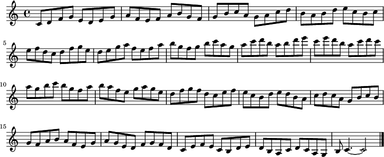 
{

\modalTranspose c c' { c d e f g a b } { c8 d f g e }
\modalTranspose c d' { c d e f g a b } { c d f g e }
\modalTranspose c e' { c d e f g a b } { c d f g e }
\modalTranspose c f' { c d e f g a b } { c d f g e }
\modalTranspose c g' { c d e f g a b } { c d f g e }
\modalTranspose c a' { c d e f g a b } { c d f g e }
\modalTranspose c b' { c d e f g a b } { c d f g e }
\modalTranspose c c'' { c d e f g a b } { c d f g e }
\modalTranspose c d'' { c d e f g a b } { c d f g e }
\modalTranspose c e'' { c d e f g a b } { c d f g e }
\modalTranspose c f'' { c d e f g a b } { c d f g e }
\modalTranspose c g'' { c d e f g a b } { c d f g e }
\modalTranspose c a'' { c d e f g a b } { c d f g e }

\modalInversion c e''' { c d e f g a b } { c d f g e }
\modalInversion c d''' { c d e f g a b } { c d f g e }
\modalInversion c c''' { c d e f g a b } { c d f g e }
\modalInversion c b'' { c d e f g a b } { c d f g e }
\modalInversion c a'' { c d e f g a b } { c d f g e }
\modalInversion c g'' { c d e f g a b } { c d f g e }
\modalInversion c f'' { c d e f g a b } { c d f g e }
\modalInversion c e'' { c d e f g a b } { c d f g e }
\modalInversion c d'' { c d e f g a b } { c d f g e }
\modalInversion c c'' { c d e f g a b } { c d f g e }
\modalInversion c b' { c d e f g a b } { c d f g e }
\modalInversion c a' { c d e f g a b } { c d f g e }
\modalInversion c g' { c d e f g a b } { c d f g e }
\modalInversion c f' { c d e f g a b } { c d f g e }
\modalInversion c e' { c d e f g a b } { c d f g e }
\modalInversion c d' { c d e f g a b } { c d f g e }

c'4.~ c'2

\bar "|."
}
