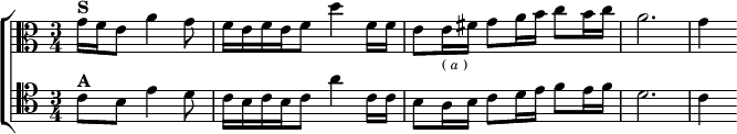  \new ChoirStaff <<
  \new Staff \relative g' { \clef alto \key c \major \time 3/4 \partial 8*5
    g16[^\markup \bold "S" f e8] a4 g8 | f16[ e f e f8] d'4 f,16 f |
    e8 e16_\markup \tiny { ( \italic a ) } fis g8 a16 b c8 b16 c |
    a2. | g4 }
  \new Staff \relative b { \clef tenor \key c \major
    c8^\markup \bold "A" b e4 d8 | c16[ b c b c8] a'4 c,16 c |
    b8 a16 b c8 d16 e f8 e16 f | d2. | c4 } >> 