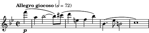 
  \ relativa c '' {\ clef agudo \ tiempo 2/2 \ key bes \ major \ tempo "Allegro giocoso" 2 = 72 \ parcial 4 * 1 f '(\ pa, bes2 ~ bes8) cis (| d4 e, f bes) |  bes, 4. (ees8 b2 | c1)}
