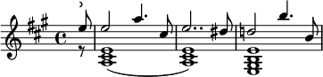 
melody=\relative c'' {
  \time 4/4
%  \tempo 4=120
  \key a \major
  << { \partial 8 e8^\markup \fontsize #4 { "˒" } | e2 a4. cis,8 | e2.. dis8 | d!2 b'4. b,8 } \\ { \partial 8 r8 | <e, cis a>1( | <e cis a>1) | <e b gis e> } >> |
}
\score {
  <<
    \new Staff = "staff" {
      \new Voice = "melody" {
        \melody
      }
    }
  >>
  \layout {
    \context { \Staff 
               \RemoveEmptyStaves 
             }
    indent = 0\cm
    \override Score.BarNumber #'stencil = ##f
    line-width = #120
  }
  \midi { }
}
\header { tagline = ##f}
