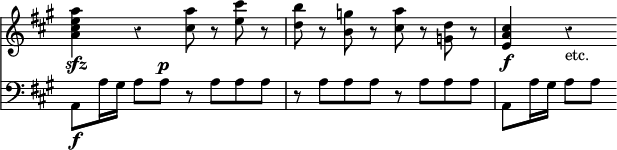 { << \new Staff \relative a' { \override Score.TimeSignature #'stencil = ##f \key a \major \override Score.Rest #'style = #'classical
  <a cis e a>4\sfz r <cis a'>8 r <e cis'> r |
  <d b'> r <b g'> r <cis a'> r <d g,> r | <cis a e>4\f r_"etc." }
\new Staff \relative a, { \clef bass \key a \major
  a8\f a'16 gis a8 a^\p r a a a |
  r a a a r a a a | a, a'16 gis a8 a } >> }