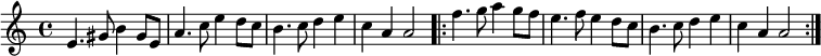  
 \relative c' {
 \time 4/4 
    e4. gis8 b4 gis8 e8    a4. c8 e4 d8 c8    b4. c8 d4 e4    c4 a4 a2
    \repeat volta 2 { 
    f'4. g8 a4 g8 f8    e4. f8 e4 d8 c8   b4. c8 d4 e4    c4 a4 a2 }
} 
