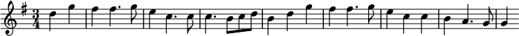 {\time 3/4
\key g \major
\partial 2 d''4 g'' fis'' fis''4. g''8 e''4 c''4. c''8 c''4. b'8 c'' d'' b'4 d'' g'' fis'' fis''4. g''8 e''4 c'' c'' b' a'4. g'8 g'4
}