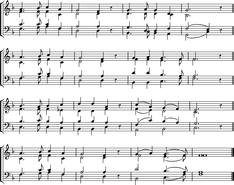 
\new ChoirStaff <<
  \new Staff \with {\consists "Merge_rests_engraver"} { \clef treble \time 4/4 \key f \major \set Staff.midiInstrument = "church organ" \omit Staff.TimeSignature \override Staff.Rest.style = #'classical \set Score.tempoHideNote = ##t \override Score.BarNumber  #'transparent = ##t 
  \relative c''
  << { a4. bes8 c4 a | g2 f4 r | g4. a8 g4 d | g2. r4 \bar"||" \break
     a4. bes8 c4 a | g2 f4 r | g4 a g4. f8 | f2. r4 \bar"||" \break
     bes4. a8 bes4 c | d d a r | c( a) g( f) | e2. r4 \bar"||" \break
     a4. bes8 c4 a | g2 f4 r | g( a) g4.( f8) | f1 \bar"|." } \\
  { f4. f8 f4 c | d2 d4 r | d4. d8 d4 c | bes2. r4 |
  c4. f8 f4 c | d2 d4 r | f f e4. f8 | f2. r4 |
  f4. f8 f4 es | d d f r | f( e) d2 | c2. r4 |
  c4. f8 f4 c | d2 d4 r | f2 e4.( f8) | f1 } >>
  } 
\new Staff \with {\consists "Merge_rests_engraver"} { \clef bass \key f \major \override Staff.Rest.style = #'classical \set Staff.midiInstrument = "church organ" \omit Staff.TimeSignature
  \relative c'
  << { c4. c8 c4 f, | a2 a4 r | g4. d8 d4 f | f2( e4) r |
     f4. c'8 c4 f, | a2 a4 r | d d bes4. a8 | a2. r4 |
     bes4. c8 bes4 a | bes bes a r | f( c') bes( a) | g2. r4 |
     f4. c'8 c4 f, | a2 a4 r | d2 bes4.( a8) | a1 } \\
  { f4. g8 a4 f | d2 d4 r | bes4. c8 bes4 a | g2( c4) r |
  f4. g8 a4 f | d2 d4 r | bes bes c4. f8 | f2. r4 |
  d4. f8 d4 c | bes bes d r | a2 bes | c2. r4 |
  f4. g8 a4 f | d2 d4 r | bes2 c4.( f8) | f1 } >>
  } 
>>
\layout { indent = #0 }
\midi { \tempo 4 = 100 }
