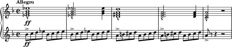 
\ relative c '{\ new PianoStaff << \ new Staff {\ set Staff.midiInstrument = # "piano" \ key d \ minor \ clef treble \ time 2/2 \ set Score.tempoHideNote = ## t \ tempo "Allegro "2 = 110 <es g bes es> 1 \ ff _ ^ |  <es g bes es> 2.  _ ^ <g bes es> 4 |  <d fis a d> 1 _ ^ |  <df a> 2.  _ ^ <df a> 4 |  <ce a> 2 _ ^ r2 |  } \ new Staff {\ set Staff.midiInstrument = # "piano" \ key d \ minor \ clef treble \ time 2/2 bes'8 -> \ ff c8 d8 es8 bes8 c8 d8 es8 |  bes8 -> c8 d8 es8 bes8 c8 d8 es8 |  a, 8 -> b8 cis8 d8 a8 b8 cis8 d8 |  a8 -> b8 цис8 d8 a8 b8 цис8 d8 |  a8 -> r8 r4 r2 |  } >>}
