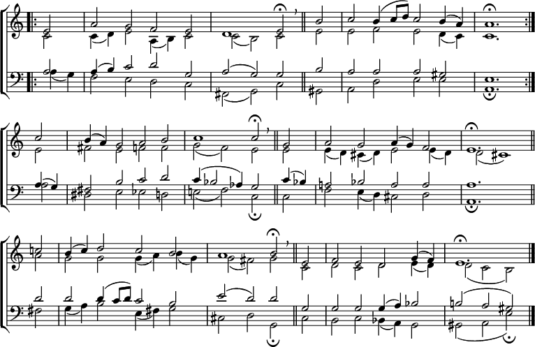 
\new ChoirStaff <<
  \new Staff { \clef treble \time 4/2 \key c \major \partial 2 \set Staff.midiInstrument = "church organ" \omit Staff.TimeSignature \set Score.tempoHideNote = ##t \override Score.BarNumber  #'transparent = ##t
  \relative c'
  << { \bar".|:" e2 | a g f e | d1 e2 \fermata \breathe \bar"||"
       b' | c b4( c8 d) c2 b4( a) | a1. \fermata \bar":|." \break
       c2 | b4( a) g2 a b | c1 c2 \fermata \breathe \bar"||"
       g | a g a4( g) f2 | e1. \fermata \bar"||" \break
       c'!2 | b4( c) d2 c b | a1 b2 \fermata \breathe \bar"||"
       e, | f e d g4( f) | e1. \fermata \bar"|." } \\
  { c2 | c4( d) e2 a,4( b) c2 | c2( b) c
    e | e f e d4( c) | c1.
    e2 | fis e f f | g( f) e
    e | e4( d) cis( d) e2 e4( d) | d2( cis1)
    a'2 | g g g4( a) b( g) | g2( fis) g
    c, | d c d e4( d) | d2( c b) } >>
  } 
\new Staff { \clef bass \key c \major \set Staff.midiInstrument = "church organ" \omit Staff.TimeSignature \override Staff.NoteHead.style = #'altdefault
  \relative c'
  << { a2 | a4( b) c2 d g, | a( g) g
       b | a a a gis | e1.
       a4( g) | fis2 b2 c d | c4( bes2 aes4) g2
       c4( bes!) | a!2 bes a a | a1.
       d2 | d d4( c8 d) c2 b | e( d) d 
       g, | g g g4( a) bes2 | b!( a gis) } \\
  { a4( g) | f2 e d c | fis,( g) c
    gis | a d e e | a,1. \fermata
    a'2 | dis, e es d | e!2( f) c \fermata
    c | f e4( d) cis2 d | a1. \fermata
    fis'2 | g4( a) b2 e,4( fis) g2 | cis, d g, \fermata
    cis | b c bes4( a) g2 | gis( a e') \fermata } >>
  } 
>>
\layout { indent = #0 }
\midi { \tempo 2 = 42 }
