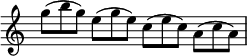 
{\clef treble
\override Staff.TimeSignature #'stencil = ##f %hide the automatic time signature
\omit TupletNumber
\stemDown
\tuplet 3/2 4 {g''8( b'' g'') e''( g'' e'') c''( e'' c'') a'( c'' a')}}
