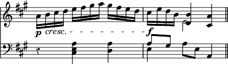 { \override Score.TimeSignature #'stencil = ##f \key a \major \override Score.Rest #'style = #'classical \time 3/4 << \relative a' { a16\p b\cresc cis d e fis gis a gis fis e d | cis\f e d b << { <b d,>4 <a cis,> \bar "||" } \\ { e2 } >> }
\new Staff { \clef bass \key a \major \relative a { r4 <a e cis> <a d,> | << { a8[ gis] } \\ { e4 } >> a8 e a,4 } } >> }