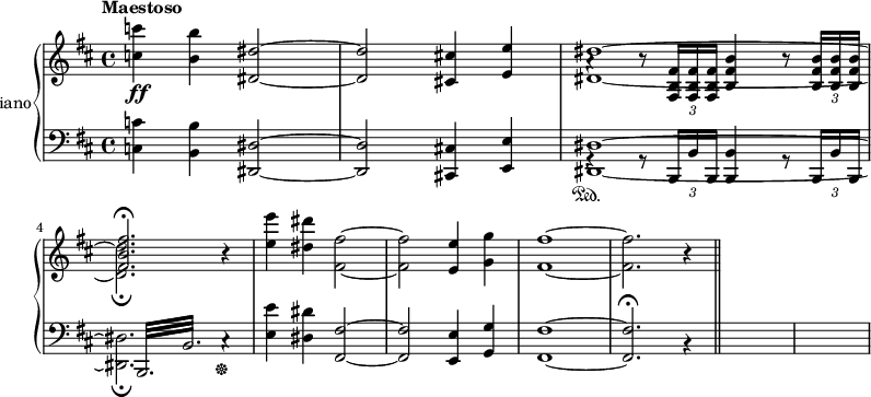 
  \new PianoStaff <<
    \set PianoStaff.instrumentName=#"Piano"
    \new Staff = "rh" {
      \tempo "Maestoso"
      \key d \major {
        \time 4/4

        <<
          \relative c'' {
          \new Voice = "firstr"
          {
            
              \stemDown
              <c c'>4\ff <b b'>4 \stemUp <dis,_~ dis'~>2 |
              q <cis! cis'!>4 <e e'> |
              <dis_~ dis'~>1 | \break \override Accidental #'hide-tied-accidental-after-break = ##t
              \stemDown <dis dis'>2._\fermata \stemUp b'4\rest |
              \stemDown <e e'>4 <dis dis'>4 <fis,_~ fis'~>2 |
              q \stemUp <e e'>4 \stemDown <g g'> |
              <fis_~ fis'~>1|
              <fis fis'>2. b4\rest \bar "||" |
            }
          }
          \relative c'' {
          \new Voice = "secondr"
          {
            
              \stemUp
              s1 |
              s |
              a4\rest b8\rest %{should be higher%} \tupletDown \times 2/3 {<fis, b fis'>16 q q} <b fis' b>4 b'8\rest \tupletDown \times 2/3 {<b, fis' b>16 q q }|
              <fis' b fis'>2.\fermata s4|
              s1 |
              s|

            }
          }
          \new Voice = "other"
          {
            \voiceThree {
              s1 |
            }
          }
        >>
      }
    }

    \new Staff = "lh" {

      \clef "bass"
      \key d \major
      \time 4/4
      <<
        \new Voice="firstl" {
          \relative c {
            <c c'>4 <b b'> <dis,_~ dis'~>2|
            <dis dis'>2 <cis! cis'!>4 <e e'>|
            <dis_~ dis'~>1\sustainOn|
            \stemDown <dis dis'>2._\fermata c'4\rest\sustainOff|
            <e e'>4 <dis dis'>  \stemUp <fis,_~ fis'~>2|
            q <e e'>4 <g g'> |
            <fis_~ fis'~>1|
            <fis fis'>2.\fermata b4\rest
            s1|
            s1 |
          }

        }
                \new Voice="secondl" {
          \relative c {
           s1|
            s1|
            g4\rest g8\rest \stemUp \tupletDown \times 2/3 {b,16 b' b,} <b b'>4 g'8\rest \tupletDown \times 2/3 {b,16 b' b,} |
            
            
            s32   \repeat tremolo 12 {b32 b'} s32 s16 s8| %\once \override Beam.gap-count = #3 \once \override Beam.gap = #0.8 doesn't work
|
            s1|
            s1|
            s1|
          }

        }
        \new Voice="hackjob"{
s1|
s1|
s1|
s4 % \once \override Rest.transparent = ##t g4\rest^\fermata s2| also doesn't work

        }
      >>
    }
  >>
