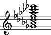 {
  % Rivin lopun pystyviiva ja tahtiosoitus piiloon.
  \override Score.BarLine.break-visibility = ##(#f #t #t)
  \override Staff.TimeSignature #'stencil = ##f
  
  <ges' bes' des'' fes'' aes'' ces''' ees'''>1
}
