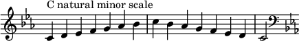  { \menimpa Skor.TimeSignature #'stensil = ##f \relatif c' { \clef treble \kunci c \minor \waktu 7/4 c4^\markup "C alami skala kecil" d es f g aes bes c bes aes g f es d c2 \clef bass \kunci c \minor } } 