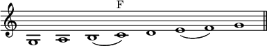 { \override Score.TimeSignature #'stencil = ##f \relative g { \cadenzaOn g1 a b( c)^"F" d e( f) g \bar "||" } }