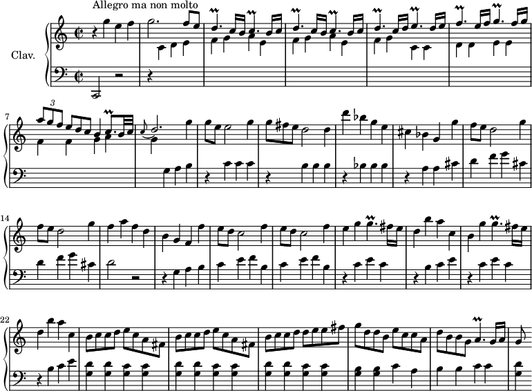 
\version "2.18.2"
\header {
  tagline = ##f
  % composer = "Domenico Scarlatti"
  % opus = "K. 166"
  % meter = "Allegro"
}

%% les petites notes
trillCp       = { \tag #'print { c4.\prall } \tag #'midi { d16 c d c d c } }
trillDp       = { \tag #'print { d4.\prall } \tag #'midi { e16 d e d e d } }
trillFp       = { \tag #'print { f4.\prall } \tag #'midi { g16 f g f g f } }
trillEp       = { \tag #'print { e4.\prall } \tag #'midi { f16 e f e f e } }
trillGp       = { \tag #'print { g4.\prall } \tag #'midi { a16 g a g a g } }
trillCqp      = { \tag #'print { c8.\prall } \tag #'midi { c16 d c } }
trillAp       = { \tag #'print { a4.\prall } \tag #'midi { b16 a b a b a } }

upper = \relative c'' {
  \clef treble 
  \key c \major
  \time 2/2
  \tempo 2 = 88
  \set Staff.midiInstrument = #"harpsichord"

      s8*0^\markup{Allegro ma non molto}
      r4 g'4 e f | g2. \stemUp f8 e | \repeat unfold 2 { \trillDp c16 b \trillCp b16 c } | \trillDp c16 d \trillEp d16 e |
      % ms. 6
      \trillFp e16 f \trillGp f16 g | \times 2/3 { a8 g f } \omit TupletNumber \times 2/3 { e8[ d c] } b4 \trillCqp b32 c | \appoggiatura c8 d2. \stemNeutral   g4 g8 | e e2 g4  | \times 2/3 { g8 fis e } d2 d4 |
      % ms. 11
      d'4 bes g e | cis bes g g' | \repeat unfold 2 { f8 e d2 g4 } | f4 a f d |
      % ms. 16
      b4 g f f' | \repeat unfold 2 { e8 d c2 f4 } | e4 g \trillGp fis16 e | d4 b' a c, |
      % ms. 21
      b4 g' \trillGp fis16 e | d4 b' a c,| \repeat unfold 2 { b8 c c d e c a fis } | b8 c c d d e e fis |
      % ms. 26
      g8 d d b e c c a | d b b g \trillAp g16 a | g8

}

lower = \relative c' {
  \clef bass
  \key c \major
  \time 2/2
  \set Staff.midiInstrument = #"harpsichord"

    % ************************************** \appoggiatura a16  \repeat unfold 2 {  } \times 2/3 { }   \omit TupletNumber 
      c,,2 r2 | r4 \stemDown \change Staff = "upper"  c''4 d e | \repeat unfold 2 { f4 g a e } | f g c, c |
      % ms. 6
      d4 d e e | f f g a | g \stemNeutral \change Staff = "lower" g, a b | r4 c c c |r4 b b b |
      % ms. 11
      r4 bes4 bes bes | r4 a a cis | \repeat unfold 2 { d f g cis, } | d2 r2 |
      % ms. 16
      r4 g,4 a b | \repeat unfold 2 { c e f b, } | \repeat unfold 2 { r4 c e c | r4 b c e } |
      % ms. 23
      \repeat unfold 3 { < g, d' >4 q < g c > q } | 
      % ms. 31
      < g b >4 q c a | b b c c | < g d' >

}

thePianoStaff = \new PianoStaff <<
    \set PianoStaff.instrumentName = #"Clav."
    \new Staff = "upper" \upper
    \new Staff = "lower" \lower
  >>

\score {
  \keepWithTag #'print \thePianoStaff
  \layout {
      #(layout-set-staff-size 17)
    \context {
      \Score
     \override TupletBracket.bracket-visibility = ##f
     \override SpacingSpanner.common-shortest-duration = #(ly:make-moment 1/2)
      \remove "Metronome_mark_engraver"
    }
  }
}

\score {
  \keepWithTag #'midi \thePianoStaff
  \midi { }
}
