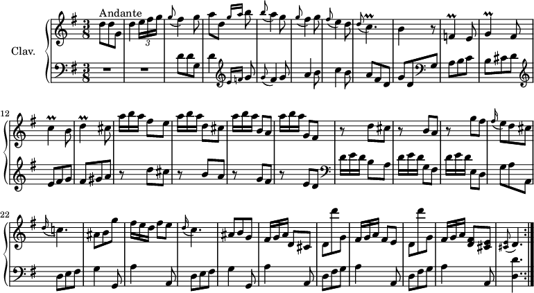 
\version "2.18.2"
\header {
  tagline = ##f
  % composer = "Domenico Scarlatti"
  % opus = "K. 210"
  % meter = "Andante"
}

%% les petites notes
trillCp      = { \tag #'print { c4.\prall } \tag #'midi { d32 c d c~ c4 } }
trillCUp     = { \tag #'print { c'4\prall } \tag #'midi { d32 c d c~ c8 } }
trillG       = { \tag #'print { g4\prall } \tag #'midi { a32 g a g~ g8 } }
trillF       = { \tag #'print { f4\prall } \tag #'midi { g32 f g f~ f8 } }
trillD       = { \tag #'print { d4\prall } \tag #'midi { e32 d e d~ d8 } }

upper = \relative c'' {
  \clef treble 
  \key g \major
  \time 3/8
  \tempo 4. = 50
  \set Staff.midiInstrument = #"harpsichord"
  \override TupletBracket.bracket-visibility = ##f

\repeat volta 2 {
      s8*0^\markup{Andante}
      d8 d g, | d'4 \times 2/3 { e16 } | \appoggiatura g8 fis4 g8 | a8 d, \grace {   \tempo 4. = 30 g16 a }   \tempo 4. = 50 b8 | \appoggiatura b8 a4 g8 | \appoggiatura g8 fis4 g8 | \appoggiatura fis8 e4 d8 |
      % ms. 8
      \appoggiatura d8 \trillCp | b4 r8 | \trillF e8 | \trillG fis8 | \trillCUp b8 | \trillD cis8 |   \omit TupletNumber \times 2/3 { a'16 } fis8 e |
      % ms. 15
      \times 2/3 { a16 } d,8 cis |  \times 2/3 { a'16 } b,8 a | \times 2/3 { a'16 } g,8 fis | r8 d'8 cis | r8 b8 a | r8 g'8 fis
      % ms. 21
      \appoggiatura fis16 e8 d cis| \appoggiatura d16 c!4. | ais8 b g' | \times 2/3 { fis16 } fis8 e | \appoggiatura d16 c4. | ais8 b g | \times 2/3 { fis16 } d,8 cis | d8 d'' g,, | \times 2/3 { fis16 } fis8 e | d8 d'' g,, | \times 2/3 { fis16 } < d, fis >8 < cis e > |   \tempo 4. = 25 \appoggiatura < cis e >8   \tempo 4. = 40 d4. \tempo 4. = 50 \bar ":|." 
} % reprise
}

lower = \relative c' {
  \clef bass
  \key g \major
  \time 3/8
  \set Staff.midiInstrument = #"harpsichord"
  \override TupletBracket.bracket-visibility = ##f
  \omit TupletNumber

\repeat volta 2 {
    % **************************************
      R4.*2 | d8 d g, | d'4     \clef treble  \grace { e16 f } g8 | \appoggiatura g8 fis4 g8 | a4 b8 | c4 b8 |
      % ms. 8
      a8 fis d | g d    \clef bass  g, | a b c | b cis d |   \clef treble e8 fis g | fis gis a | r8 d cis |
      % ms. 15
      r8 b a | r8 g fis | r8 e d |  \clef bass   \times 2/3 { d16 } b8 a | \times 2/3 { d16 } g,8 fis | \times 2/3 { d'16 } e,8 d | 
      % ms. 
      g8 a a, | \repeat unfold 2 { d e fis | g4 g,8 | a'4 a,8 } | \repeat unfold 2 { d8 fis g | a4 a,8 } | < d d' >4. |
}%reprise

}

thePianoStaff = \new PianoStaff <<
    \set PianoStaff.instrumentName = #"Clav."
    \new Staff = "upper" \upper
    \new Staff = "lower" \lower
  >>

\score {
  \keepWithTag #'print \thePianoStaff
  \layout {
      #(layout-set-staff-size 17)
    \context {
      \Score
     \override SpacingSpanner.common-shortest-duration = #(ly:make-moment 1/2)
      \remove "Metronome_mark_engraver"
    }
  }
}

\score {
  \unfoldRepeats
  \keepWithTag #'midi \thePianoStaff
  \midi { }
}
