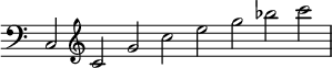 { \override Score.TimeSignature #'stencil = ##f \clef bass \relative c { \cadenzaOn c2 \clef treble c' g' c e g bes c \bar "|" } }