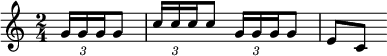 
\language "italiano"
porteeA = \relative do'' {
   \time 2/4
   \stemUp \tupletDown \override TupletBracket.bracket-visibility = ##f
   \partial 4 \tuplet 3/2 { sol16 sol sol } sol8 | \tuplet 3/2 { do16 do do } do8 \tuplet 3/2 { sol16 sol sol } sol8 | mi8 do
}
\score { \porteeA
  \layout {
    \context { \Staff \RemoveEmptyStaves }
    indent = 0\cm
    line-width = #120
    \override Score.BarNumber #'stencil = ##f
  }
  \midi { }
}
\header { tagline = ##f}
