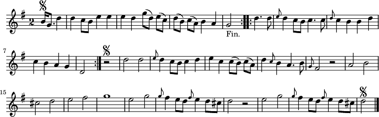 
\relative c'' {
  \key g \major
  \override Staff.TimeSignature #'style = #'single-digit
  \time 2/2
  % deux lignes pour régler les ligatures :
  \set Timing.baseMoment = #(ly:make-moment 1 4)
  \set Timing.beatStructure = #'(1 1 1 1)
  \partial 2
  \repeat volta 2 {
    b16\segno g8. d'4
    d c8 b e4 e
    e d g8( d) e( c)
    d( b) c( a) b4 a
    g2_"Fin."
  }
  \repeat volta 2 {
  d'4. d8
  \grace e d4 c8 b c4. c8

  \grace d c4 b b d
  c b a g
  d2
  }
  r\segno d' d
  \grace e8 d4 c8 b c4 d
  e c c8( b) c( a)
  d4 \grace c8 b4 a4. b8
  \grace g fis2 r
  a b

  cis d
  e fis
  g1
  e2 g
  \grace g8 fis4 e8 d \grace fis8 e4 d8 cis
  d2 r
  e g
  \grace g8 fis4 e8 d \grace fis8 e4 d8 cis
  d2\segno
  \bar "|."
}
