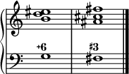 
\new PianoStaff <<
  \new Staff = "right"
  \relative c'' {
    \override Staff.TimeSignature #'stencil = ##f
    <b d eis>1
    <ais cis fis>
  }
  \new Staff = "left"
  \figuremode {
    <6\+>1<3+>
    \bar "|."
  }
  \context Staff = "left"
  \relative c' {
    \clef bass
    \override Staff.TimeSignature #'stencil = ##f
    g1 fis
  }
>>

